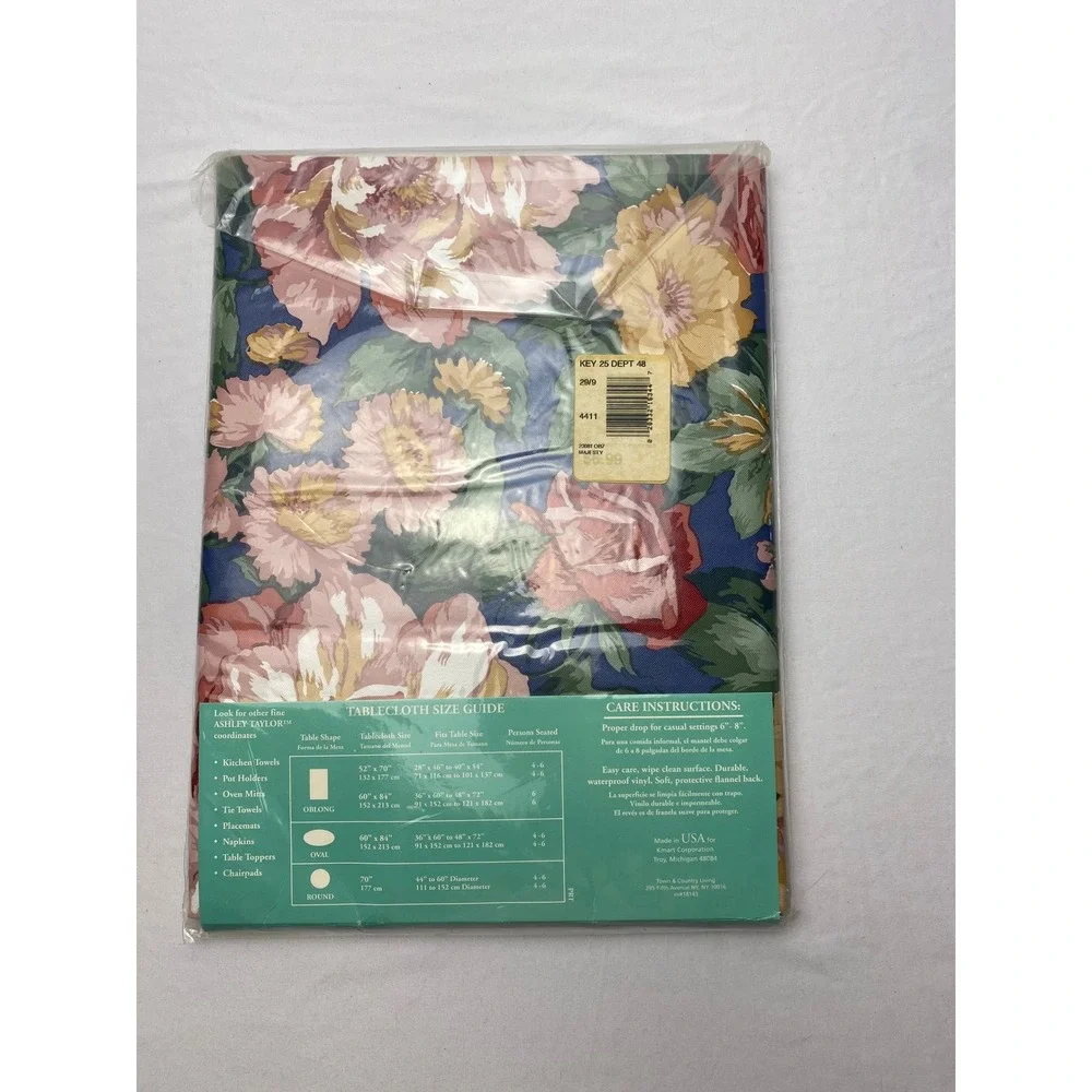 Ashley Taylor Concepts‎ Flannel Backed Vinyl Oblong Tablecloth Floral Blue 52x70